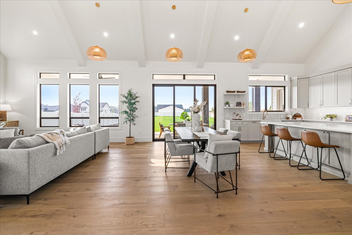 Bright vaulted great room and kitchen in a Union custom home