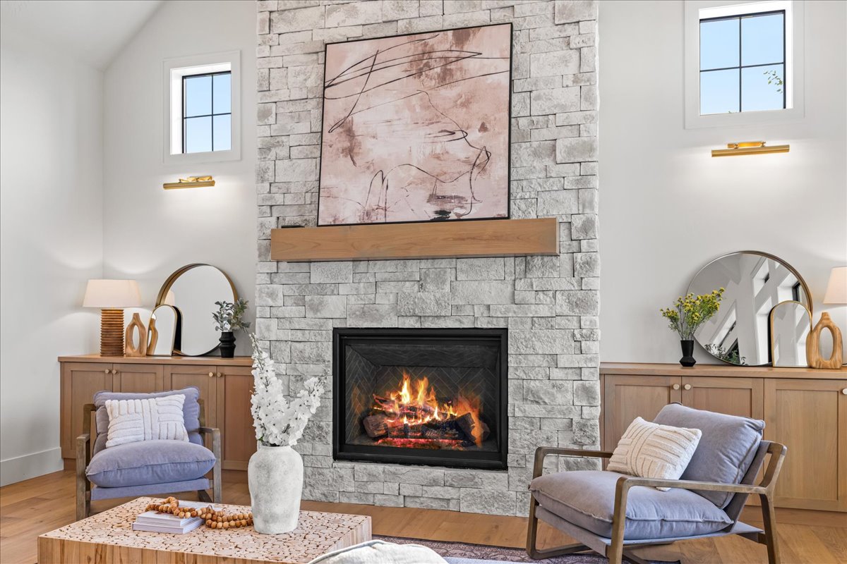 Stone fireplace detail in a Union home